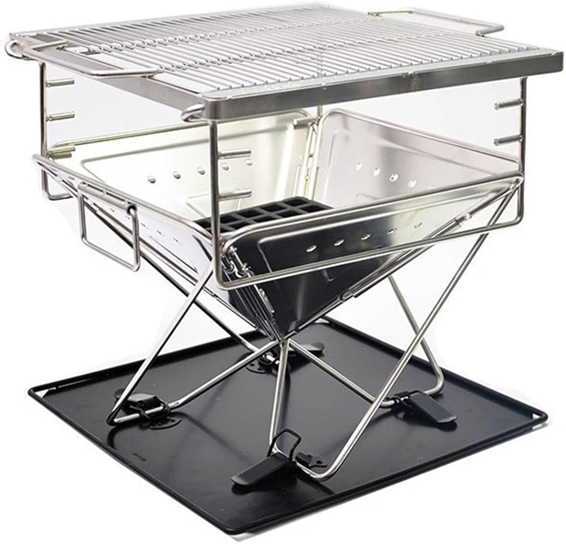Portable Stainless Steel Outdoor Grill for Wood Burning Folding Fire Pit Camping Heater Charcoal Grill Bonfire Pit for Outdoor Use, Large Size: 15.75X15.75X14.17-inch