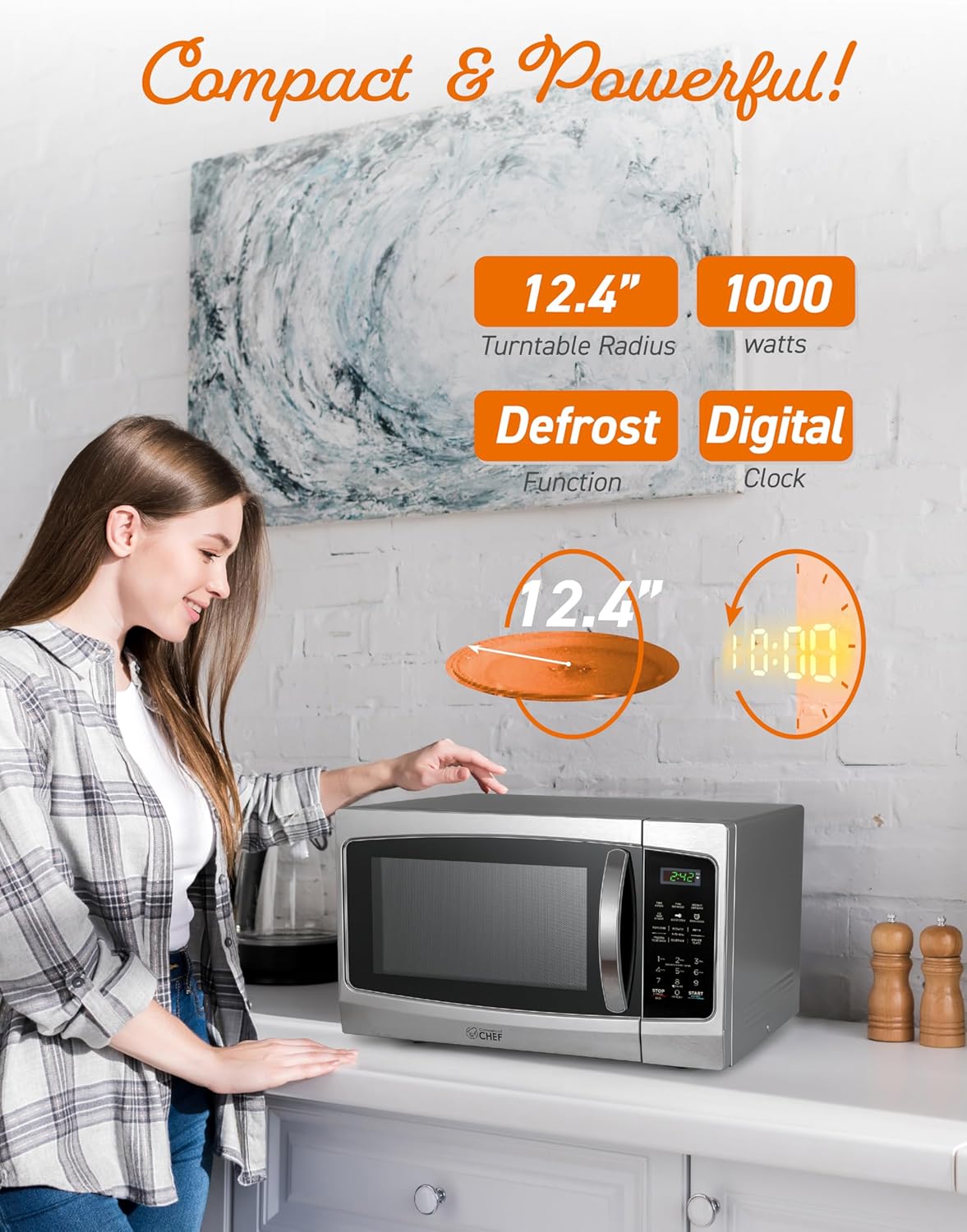 COMMERCIAL CHEF Microwave 1.3 Cu Ft with 10 Power Levels, Microwave with Pull Handle Door Lock, 1000W Countertop Microwave with Timer and Digital Controls, Stainless Steel