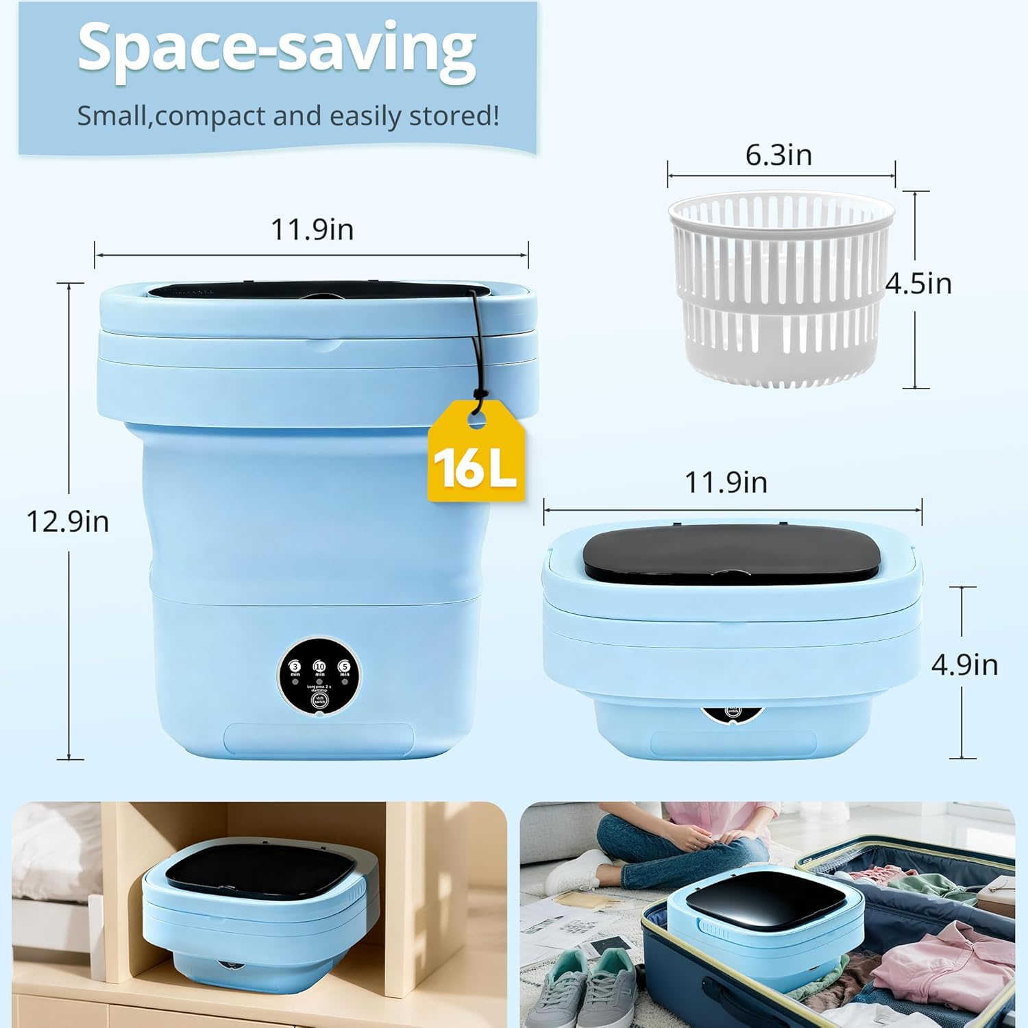 Blue Portable Washing Machine, Mini Washer, 16L Upgraded with Spin Basket, Foldable Design Ideal for Apartment, portable washer 3 Cleaning Modes Suitable for Small Clothes