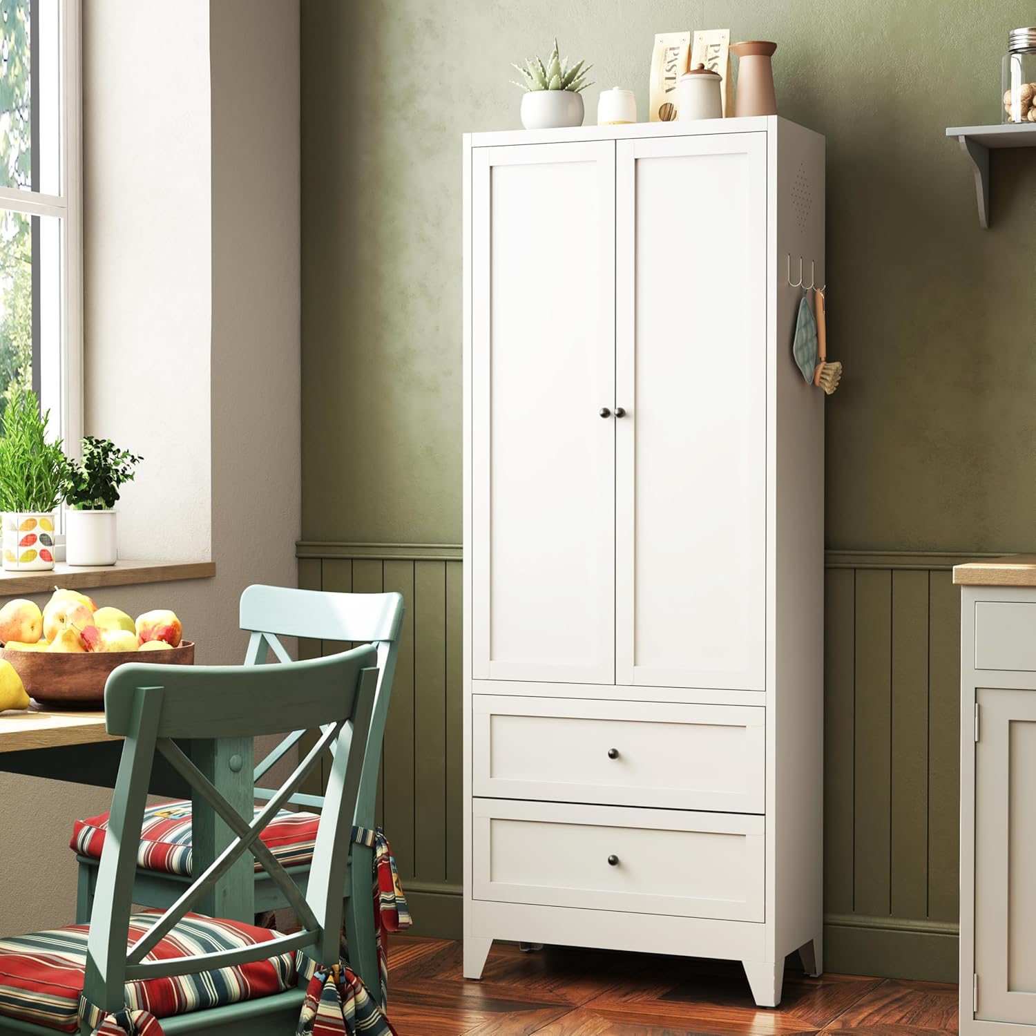 72 Inch White Pantry Cabinet with 2 Drawers, Freestanding Heavy-Duty Metal Storage Organizer with Adjustable Shelves, for Kitchen, Laundry Room, Spices, Dishware & Small Appliances