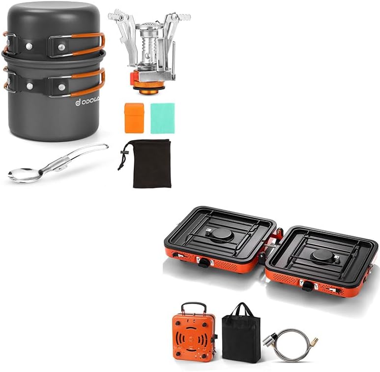 Odoland Bundle - 2 Items 6pcs Camping Cookware Kit and 2 Burner Camping Stove