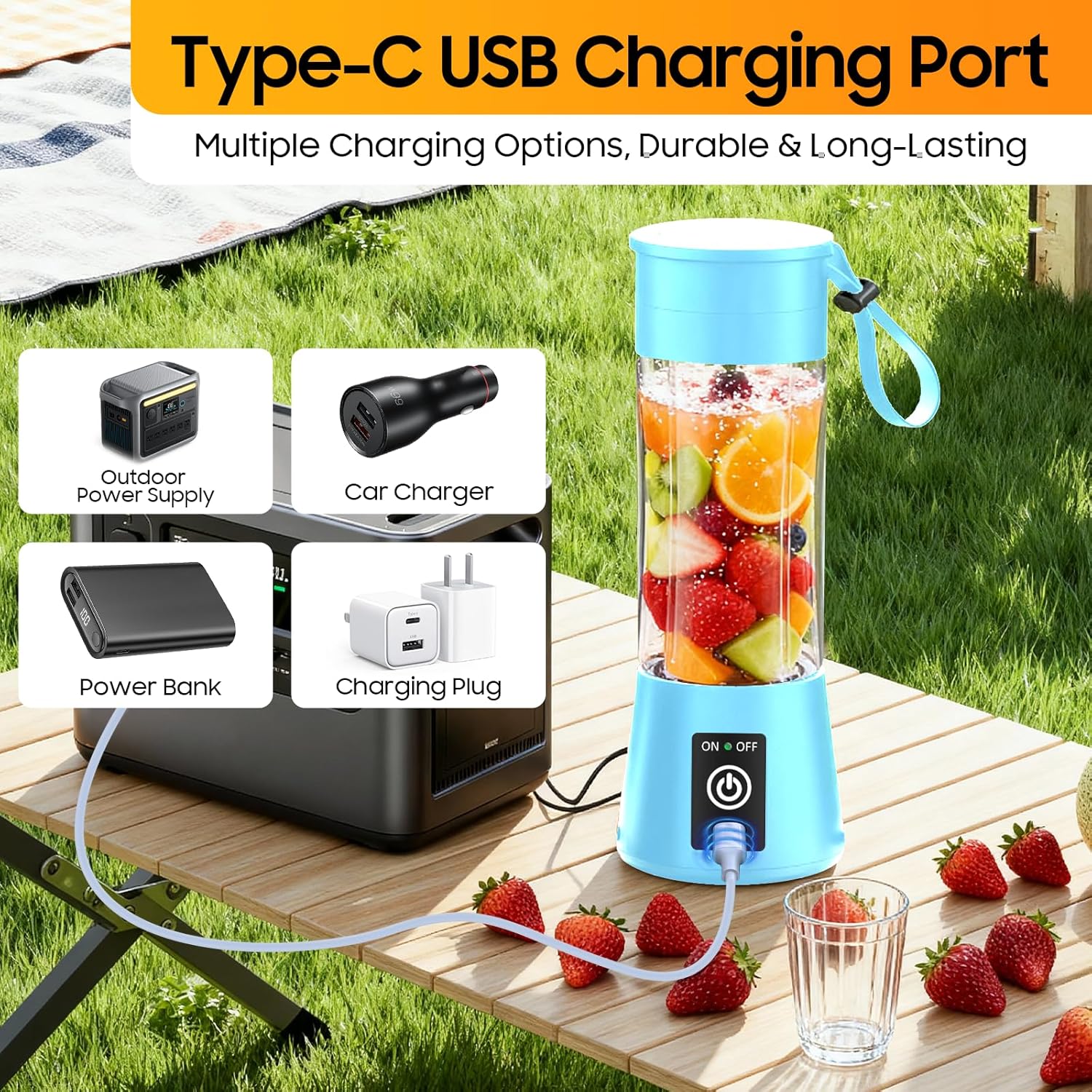 Portable Personal Size Smoothies Blender - Upgraded 6 Blades Cordless Blender with 380Ml Juice Cup & USB Rechargeable, Convenient for Travel Sports Picnic