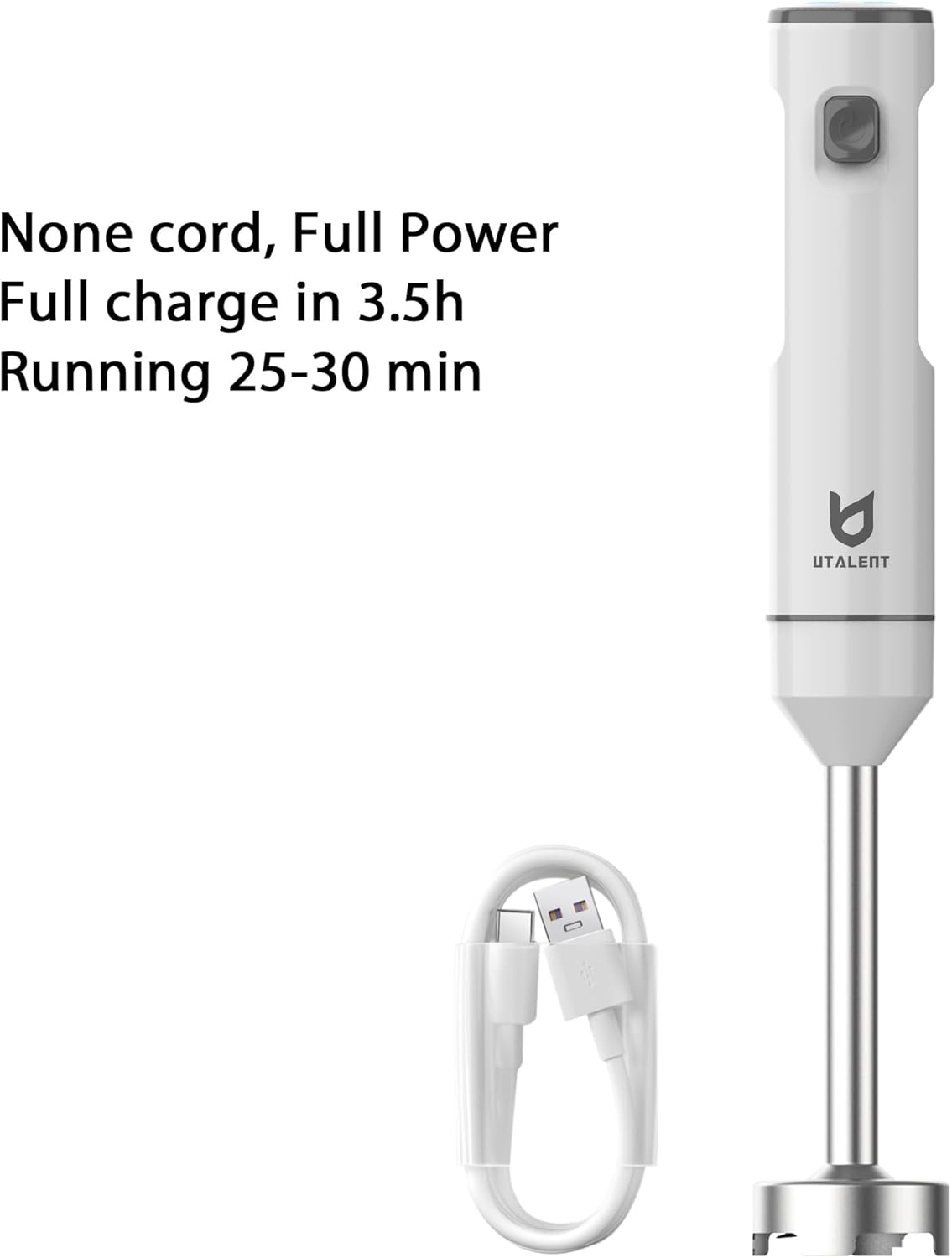 Cordless Hand Blender, UTALENT Variable Speed Immersion Blender handheld Rechargeable, with USB-C Charging Cable, Egg Whisk, for Smoothies, Milkshakes, Hummus and Soups – White