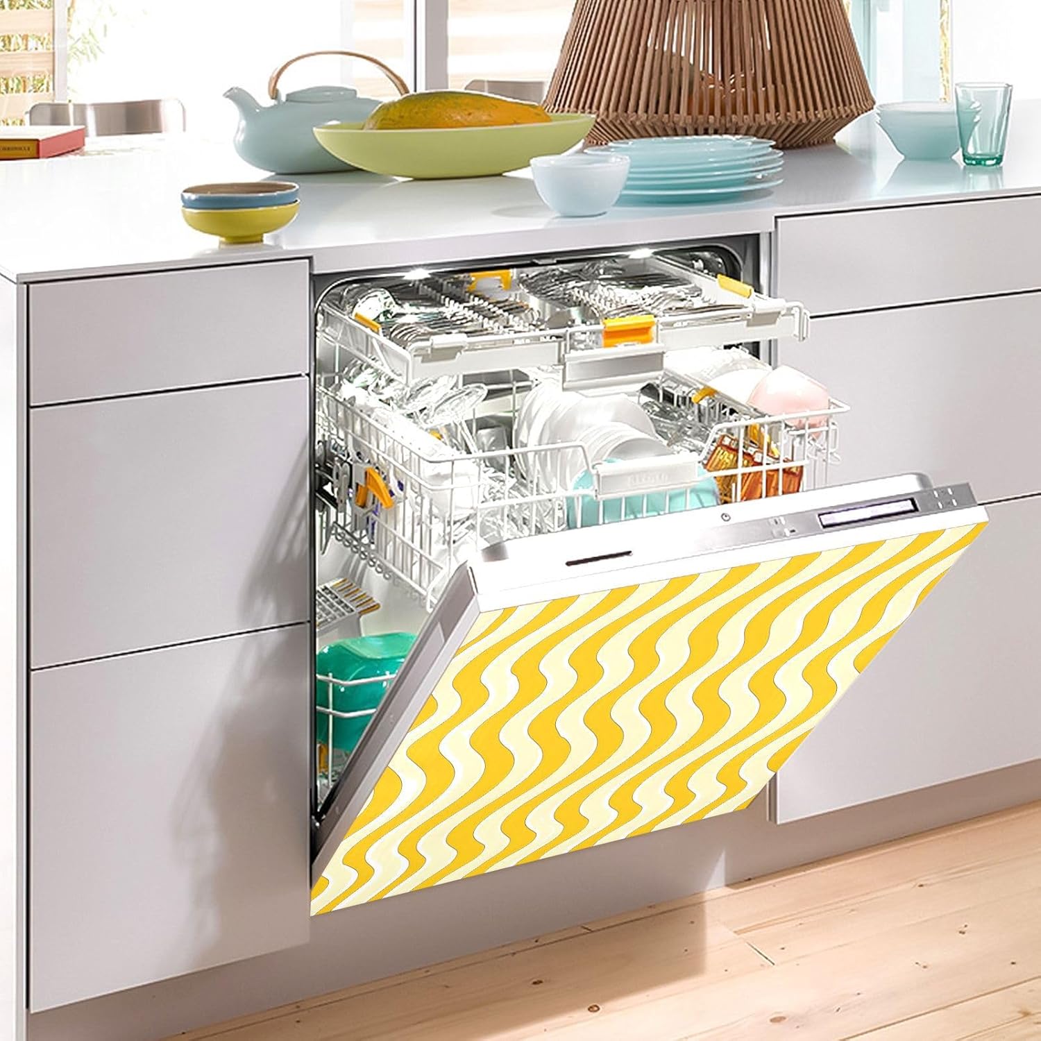 Dishwasher Magnet Cover Large Magnetic Stickers Yellow Cream Wavy Lines Front Dishwasher Cover Reusable Decal for Home Kitchen Anti-Scratch Refrigerator Decorative Lid Washing Machine Laundry 23