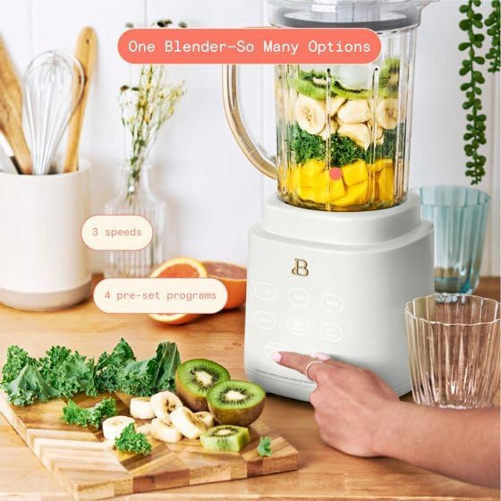 Beautiful PowerExact Blender System with 700W Motor, 50oz Tritan Jar, 20oz Single-Serve Cup, No Drippy Sippy Lid, 3 Speeds & 4 Pre-sets by D'rew Barry'more (White Icing)