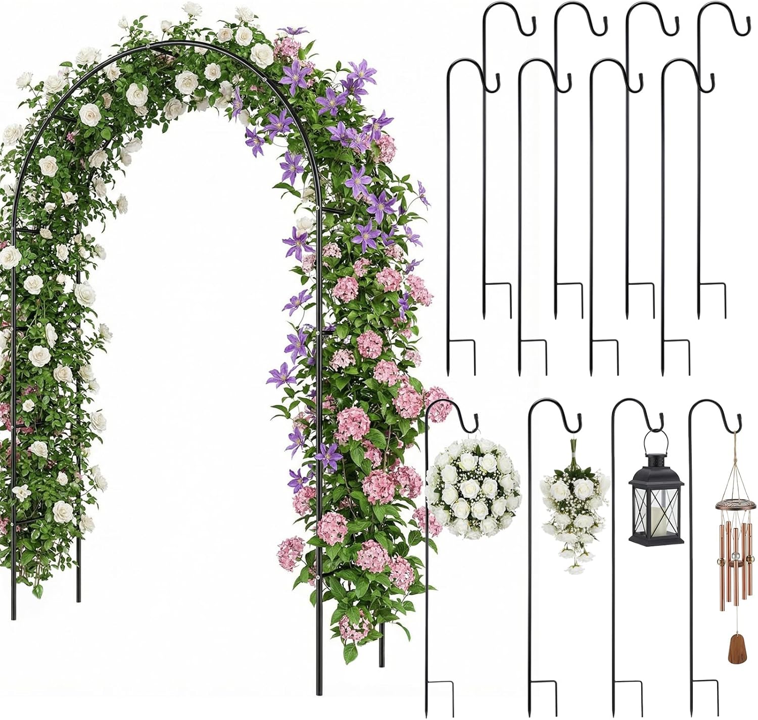 Lounsweer 7.8 ft H Metal Garden Arch Trellis for Climbing Plant Outdoor Garden Pergola Arbor with 12 Pack 31.4 Inch Shepherd Hooks for Hanging Christmas Lights, Lanterns, Wedding Christmas Party Decor