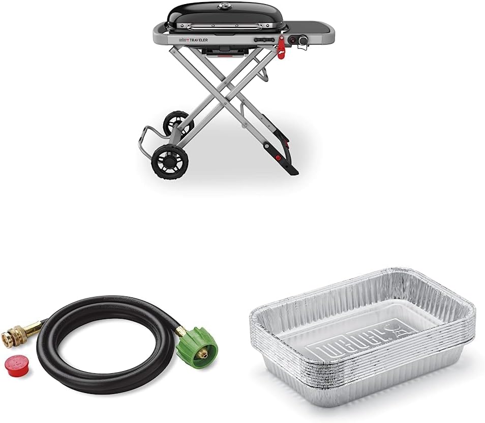 Weber Traveler Portable Gas Grill, Black & Adapter Hose for Weber Q-Series and Gas Go-Anywhere Grills, 6-Feet, Black & Aluminum Drip Pans, 5 x 1.4 x 7.5 Inches, Set of 10