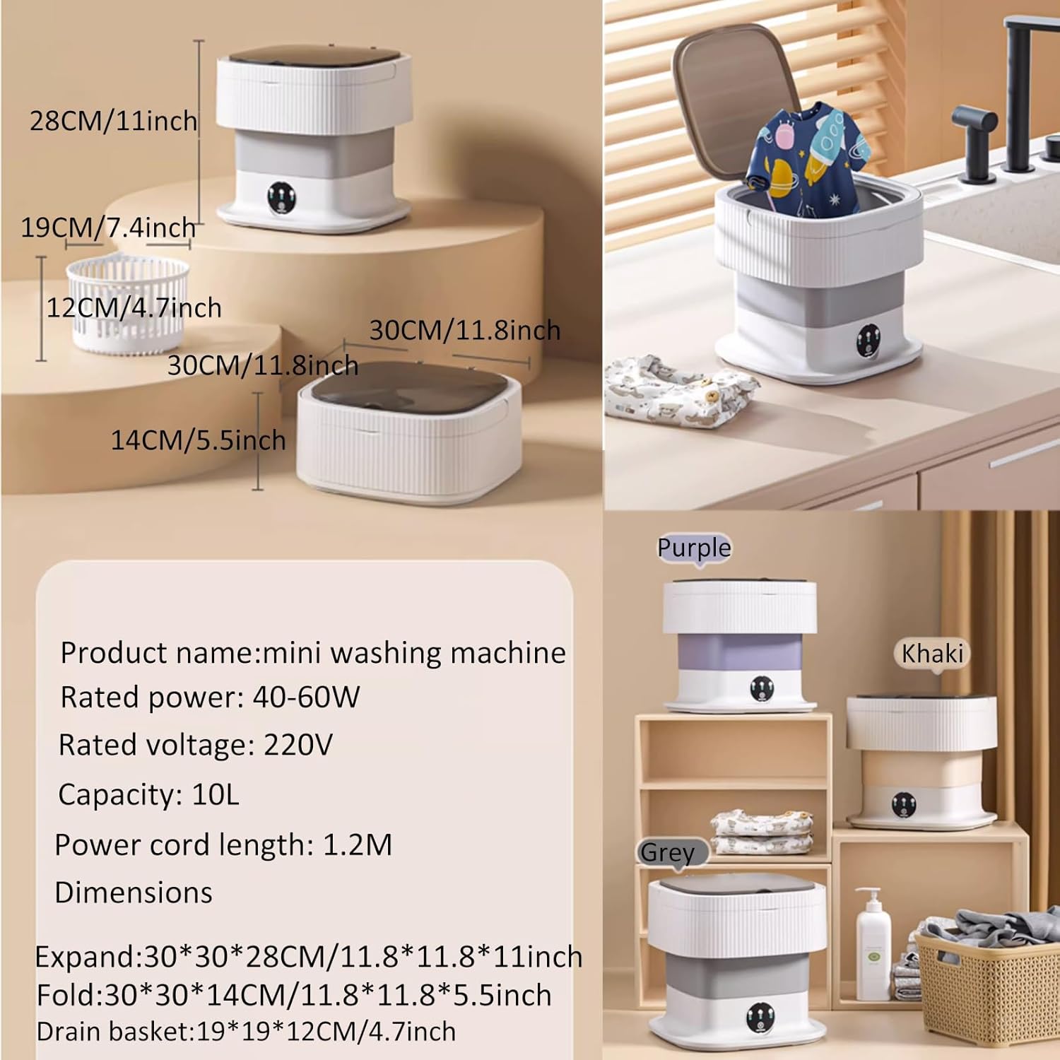 Portable Washing Machine Foldable, Mini Washer 12l High Capacity, with Soft Spin Dry, for Underwear, Baby Clothes, or Small Items (Color : Beige)