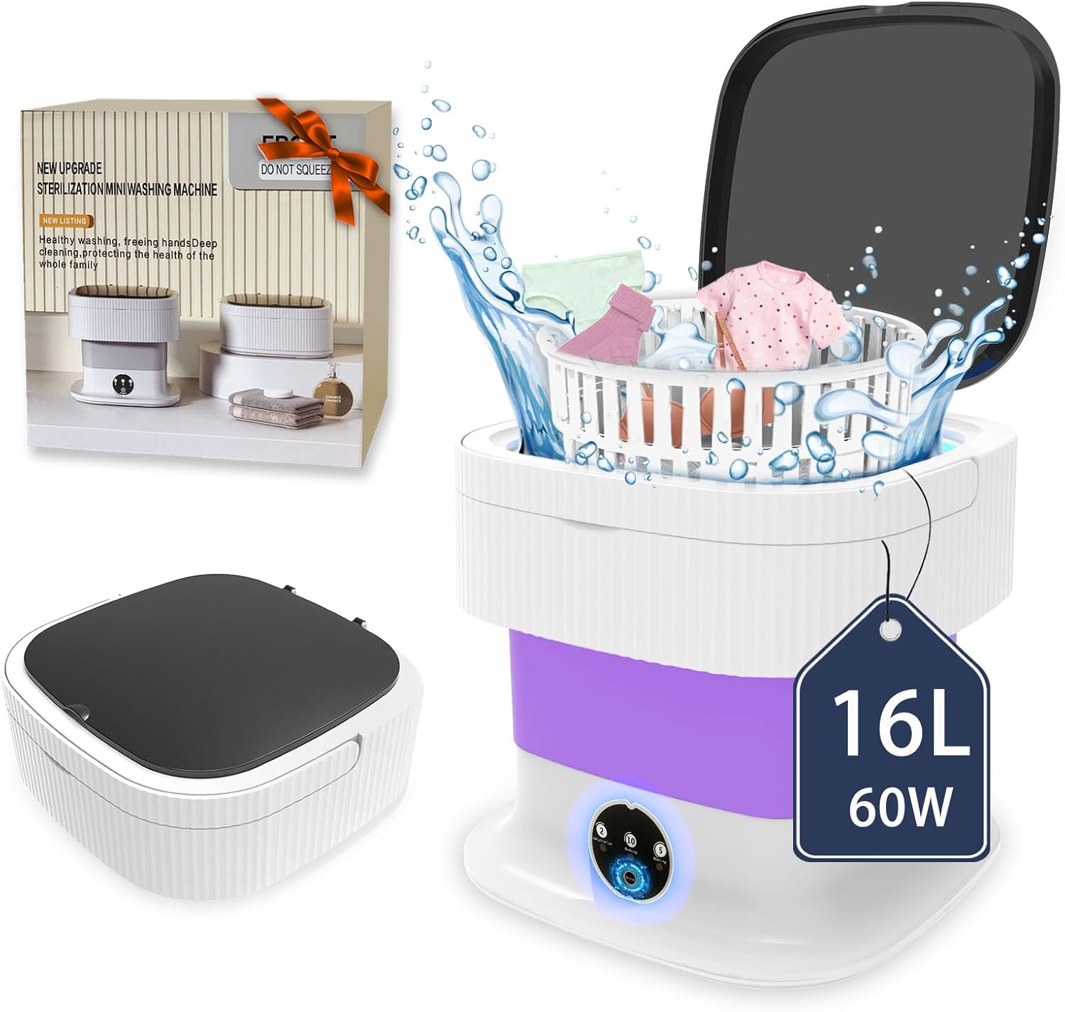 Portable Washing Machine, 16L Mini Washer and Dryer, 60W Foldable Lavadora Portatil with Spin,Small Compact Clothes Laundry for Underwear, Baby Clothes, Socks (Purple)