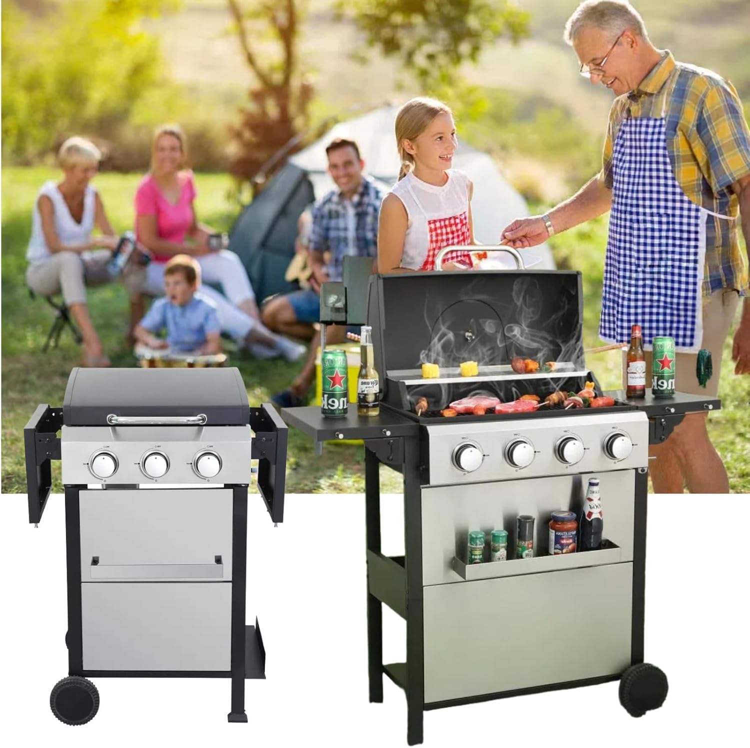 4-Burner Propane Gas Grill - 34,200 BTU Outdoor BBQ with Stainless Steel Warming Rack & Enamel Grids, Foldable Side Tables, Hanging Basket, Thermometer - Black/Silver