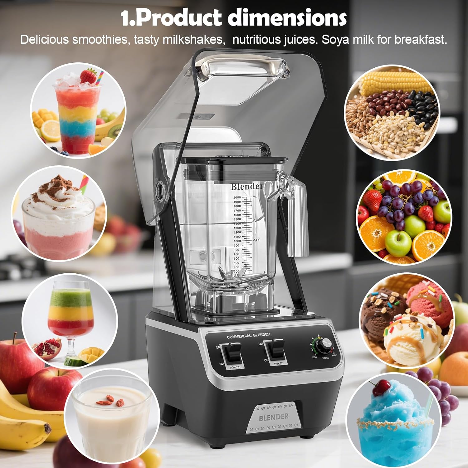 2200W Commercial Blender for Smoothies - Professional Grade, High Speed Quiet Electric Countertop Blenders with Sound Enclosure, 68oz for Kitchen & Home Use