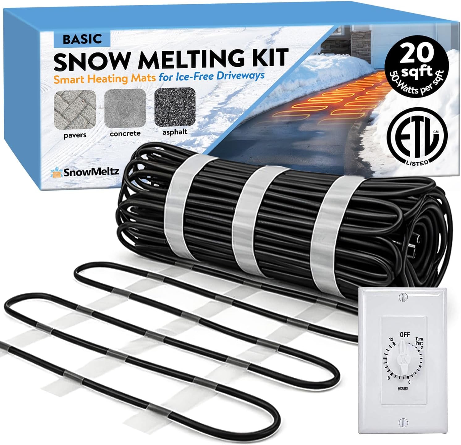 Small Area Basic Snow Melting Kit - 20 Sqft (50W), 4.2 Amps, 240V, 1000 Watts Heated Snow Melting Mat Driveway, Heated Walkway Mats Outdoor, Ice Melt Mats for Steps with 12-Hour Timer Manual Activator