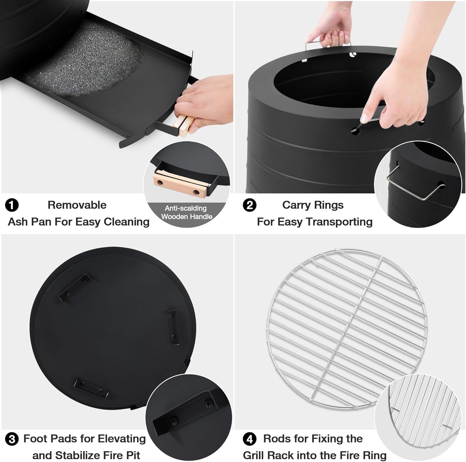 HOMREST 20” Smokeless Firepit with Removable Ash Pan, 304 Stainless Steel Outdoor Fire Pit for Outside Wood Burning, Portable Fire Pit for Patio Camping Backyard