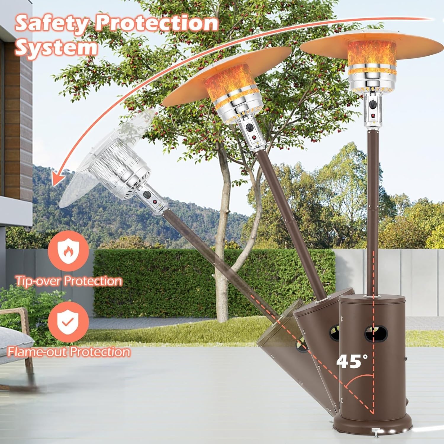 Tangkula 50,000 BTU Propane Outdoor Heater, Patio Heater with Strengthened Stainless Steel Burner, Tip-Over, Flame-Out Protection and Wheels, Outdoor Heaters for Patio (Brown)