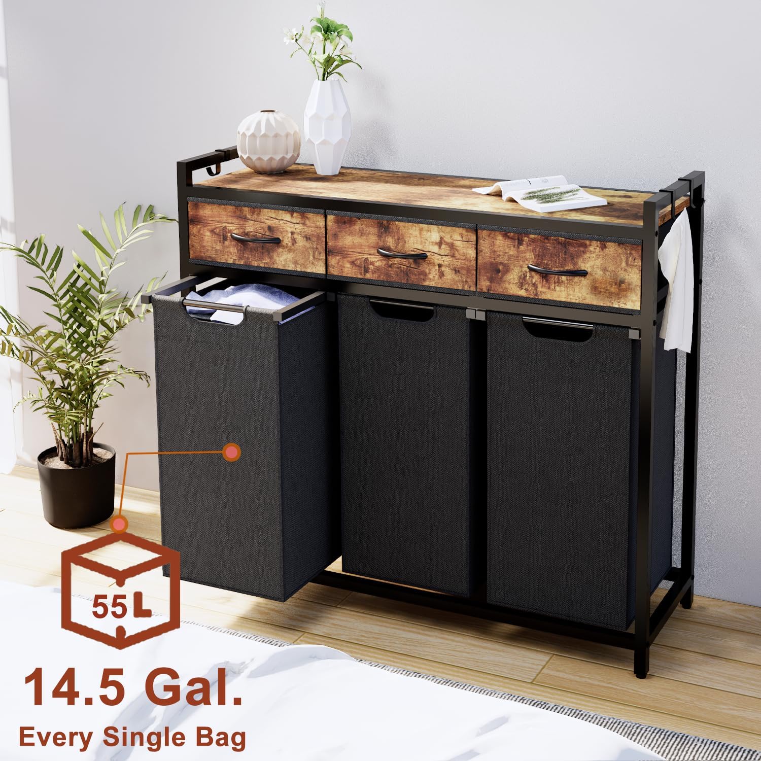 Laundry Hamper, Laundry Sorter 3 Section, Rolling Laundry Basket with Wheels, 3 Drawers, 3 × 14.5 Gal (55 L), Pull-Out and Removable Oxford Fabric Bags, Black and Rustic Brown