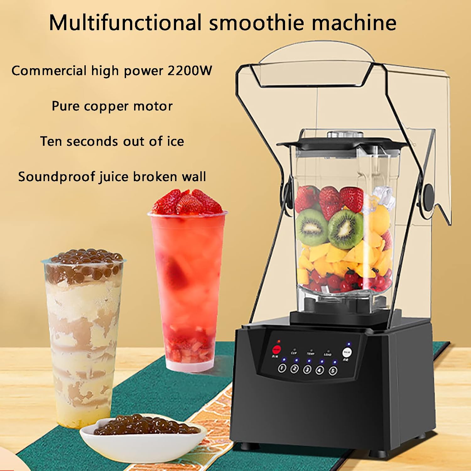 Blender Smoothie Machine, Noise Reduction 2200W 2L Blender and Smoothie Maker, Food Mixer, 2.5MM Blade Ice Crusher with Cover Silent Broken Wall Cooking Machine
