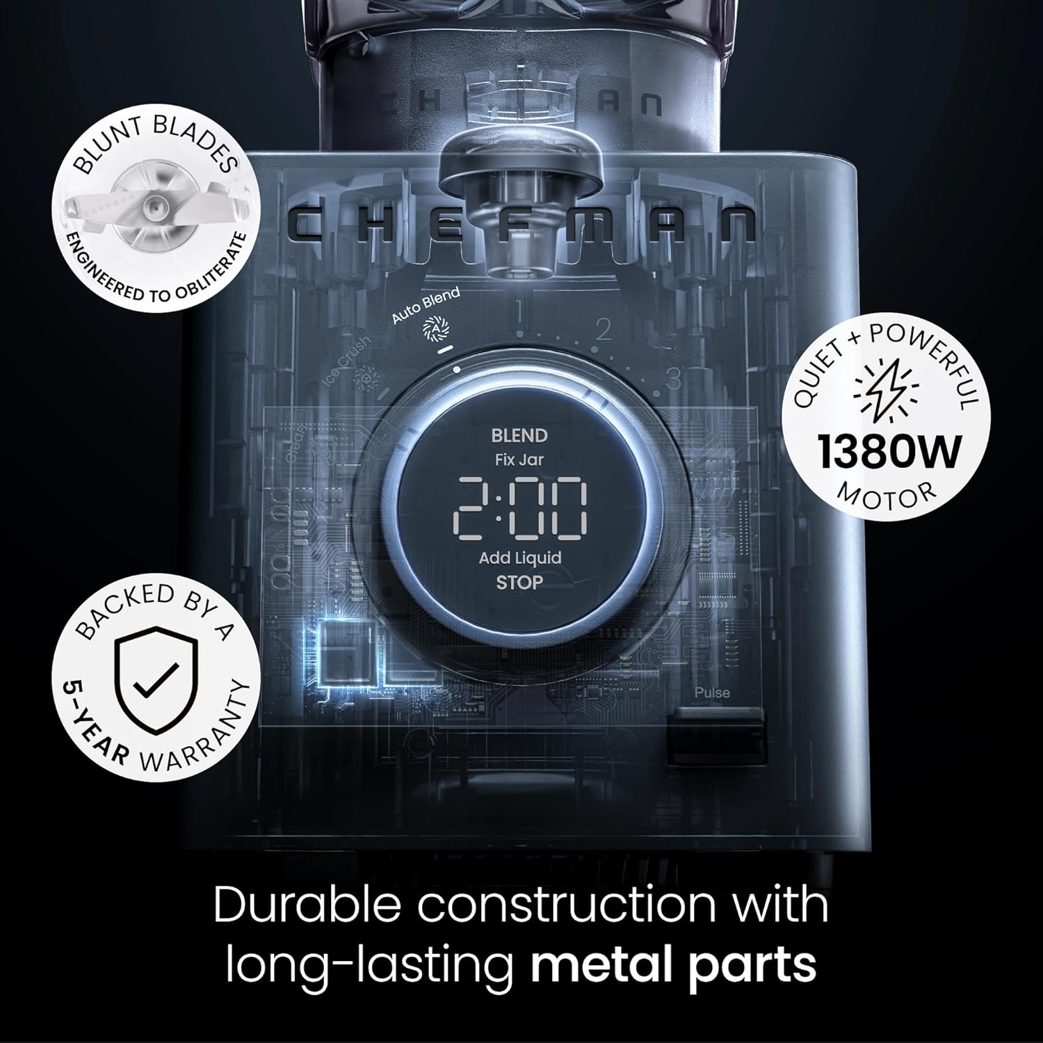 Chefman Obliterator 48 oz Countertop Blender for Smoothies, 1380W Motor to Crush Ice, Nuts, and Frozen Fruit with Stainless Steel Blade, Auto Blend Function, Includes Tamper and Scraper - Concrete