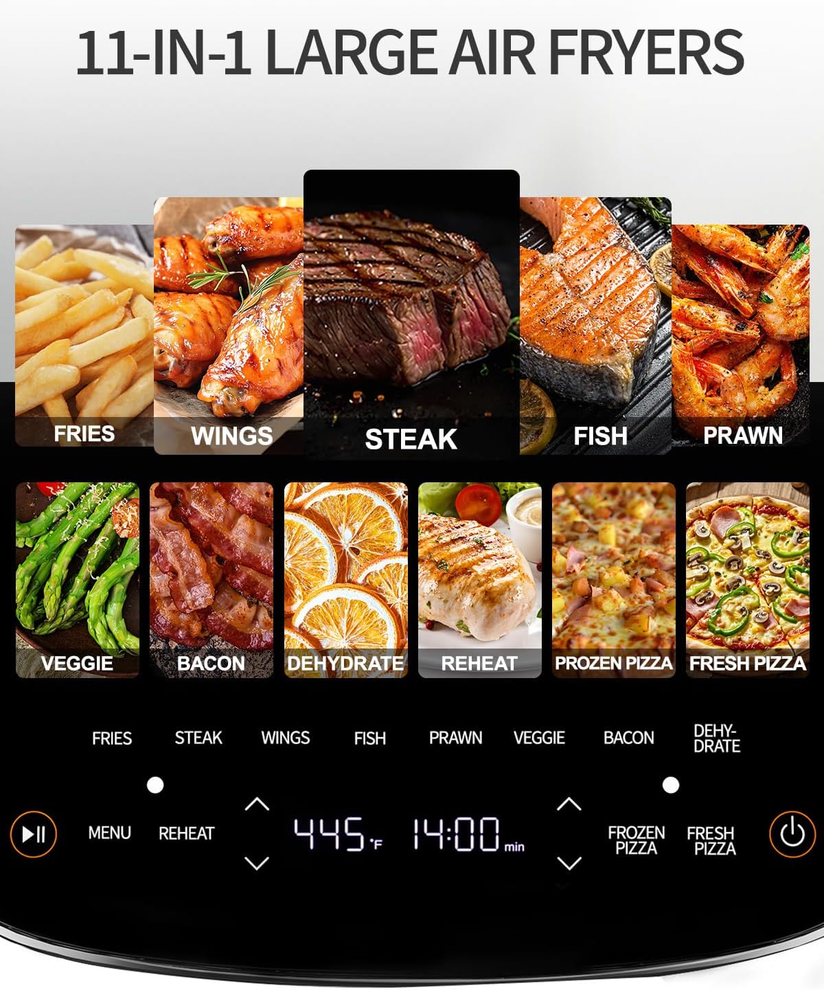 Extra Large Air Fryer,11-IN-1 6 QT 450F Air Fryer with Superior Airflow, Dual Heat Source Technology, Smart Digital Wide Fryer with Basket, Fits a 12