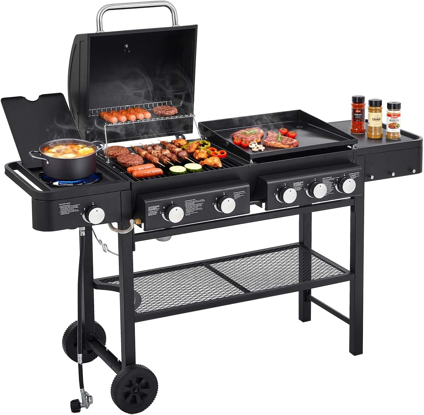 Unovivy 5-Burner Propane Gas Grill and Griddle Combo with Side Burner, BBQ Grills with Built-in Thermometer, 56,000 BTU Barbecue Grill, Oil Tray, Outdoor Patio Garden