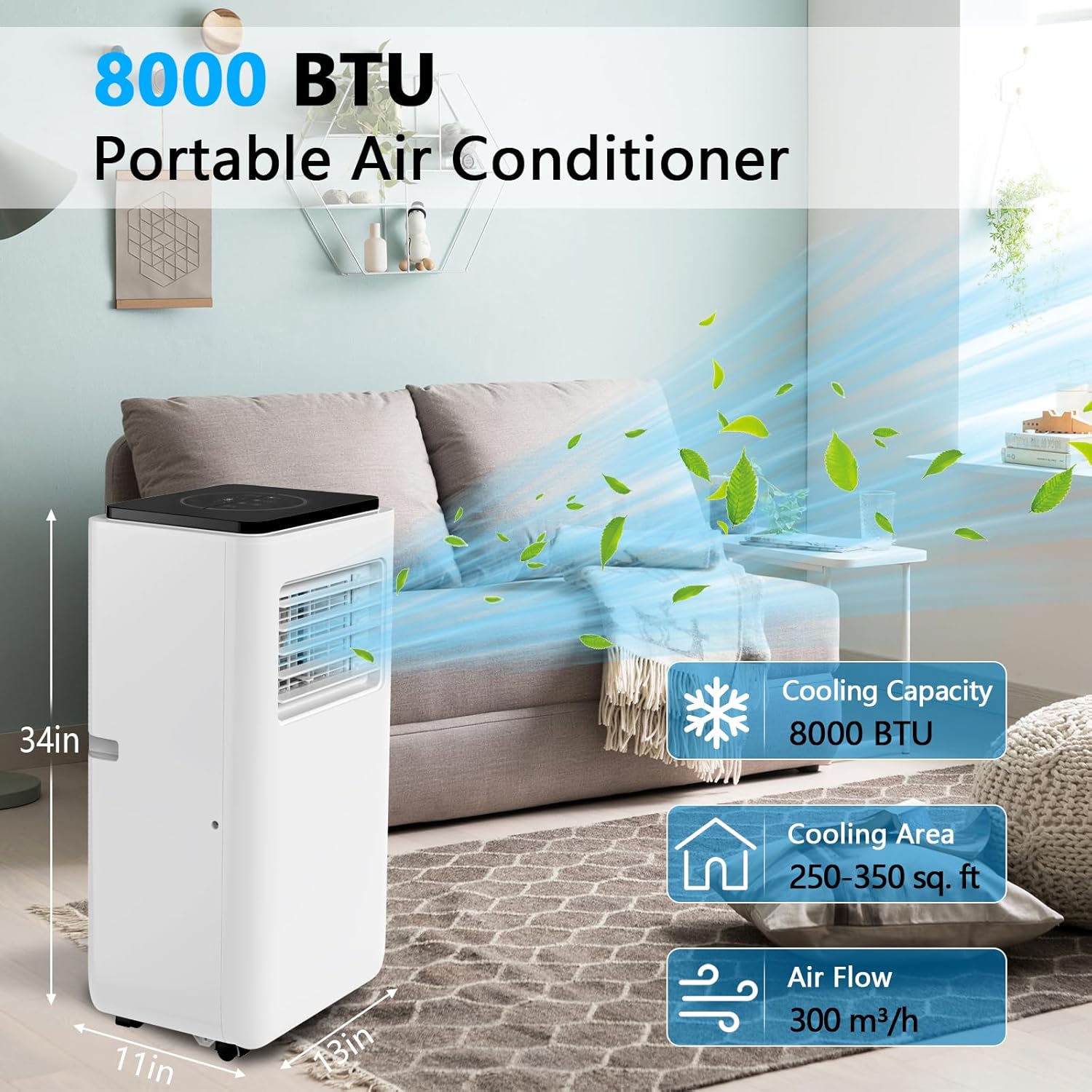 8000 BTU Portable Air Conditioner with Dehumidifier and Remote Control, AC for Apartment, Bedroom, Medium Rooms up to 350 Sq. Ft. in White