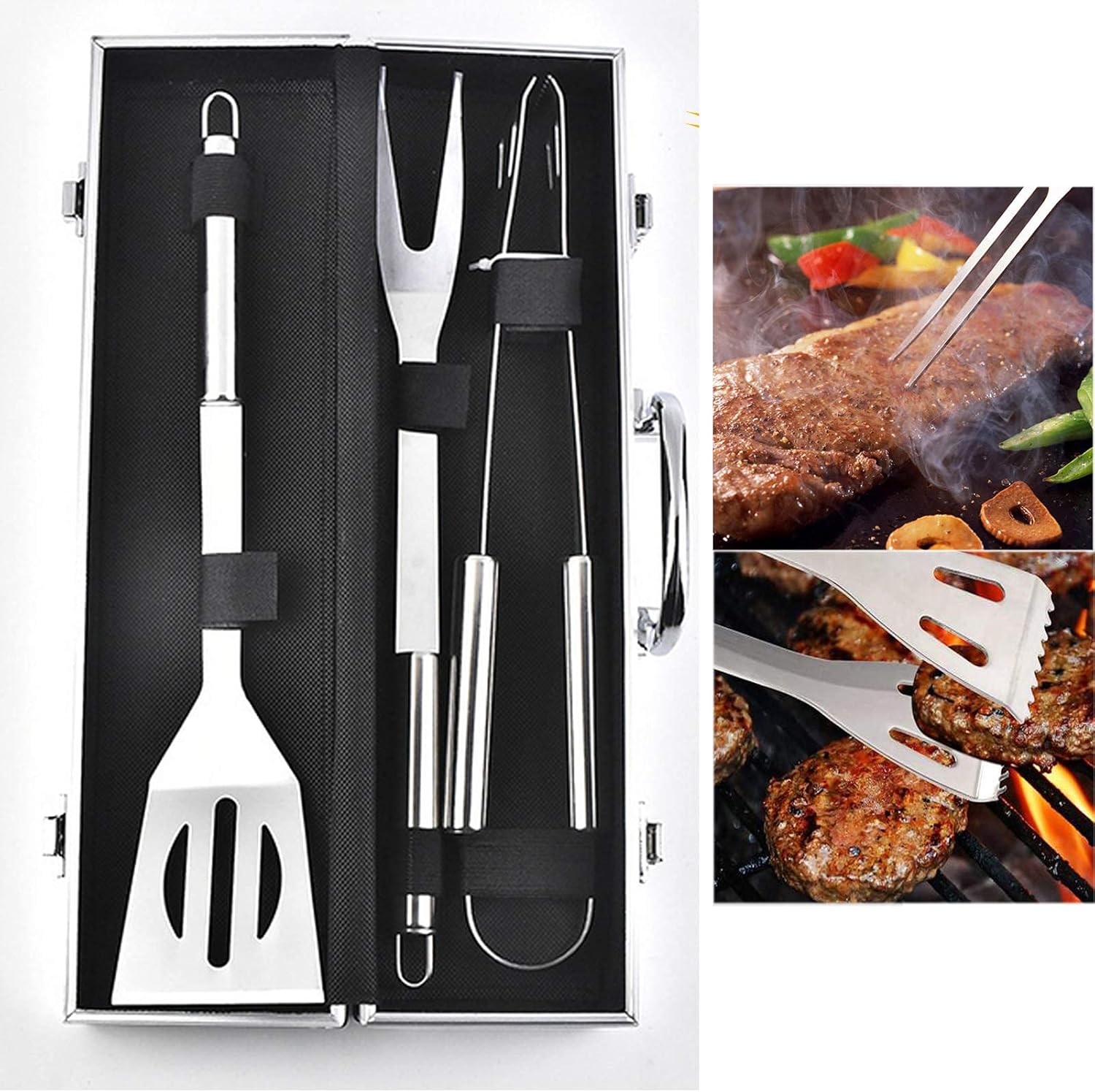 BBQ Accessories - 3PCS Stainless Steel Barbecue Tools Set with Luxury Carrying Case - Ideal Christmas Birthday Gifts Set for Dad, Foodies, Barbecue Fans, Cooks,