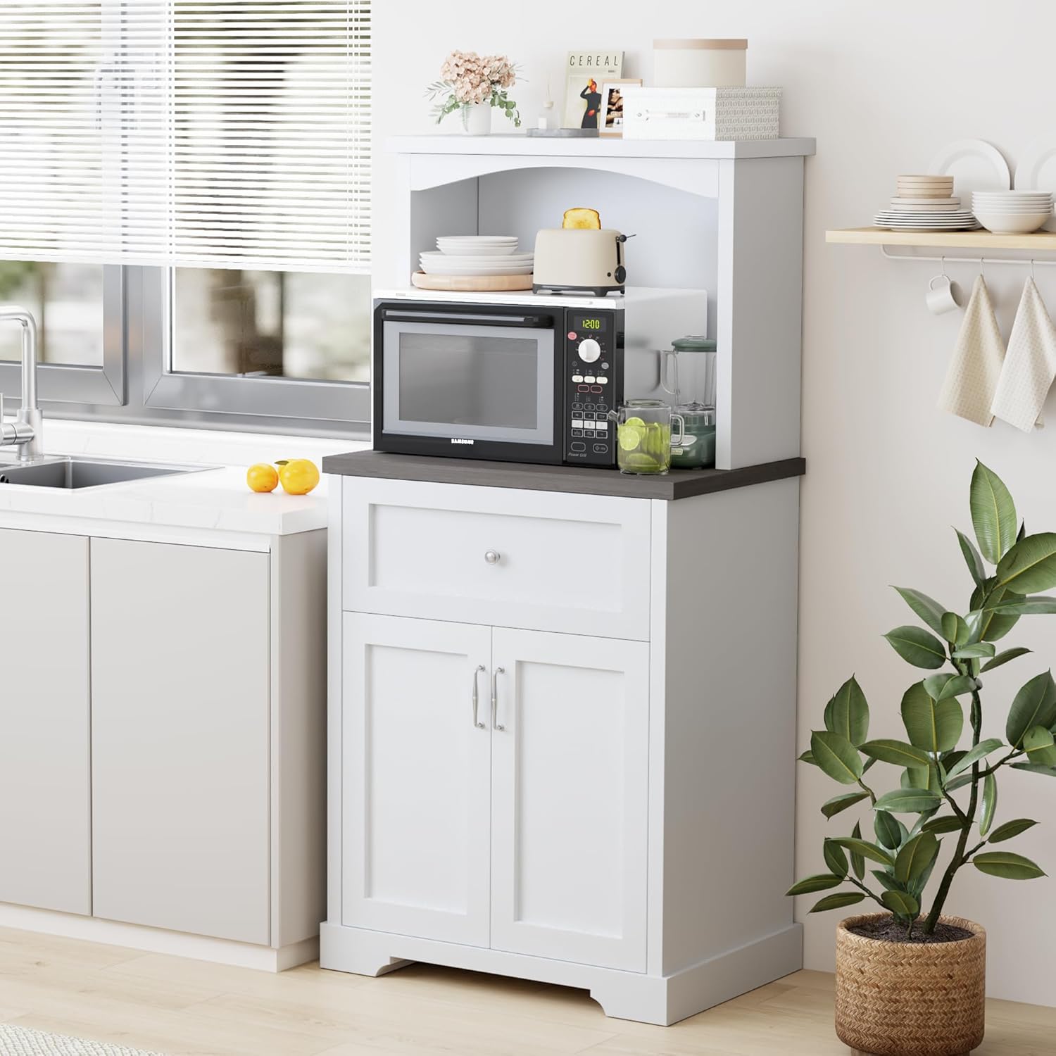 Microwave Stand with Storage and Drawer, Kitchen Pantry Storage Cabinet with Charging Station, Buffet Coffee Bar Cabinet with Adjustable Shelves, Kitchen Hutch Microwave Table for Dining Room