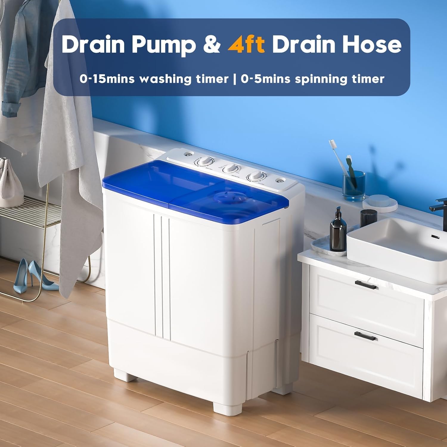 Auertech Portable Washer and Dryer Combo, 20 Lbs Twin Tub Washing Machine, 1.5 Cu.Ft Compact Clothes Dryer, Portable Washing Machine and Dryer Set for Laundry, Apartment, RV, Dorm, Blue