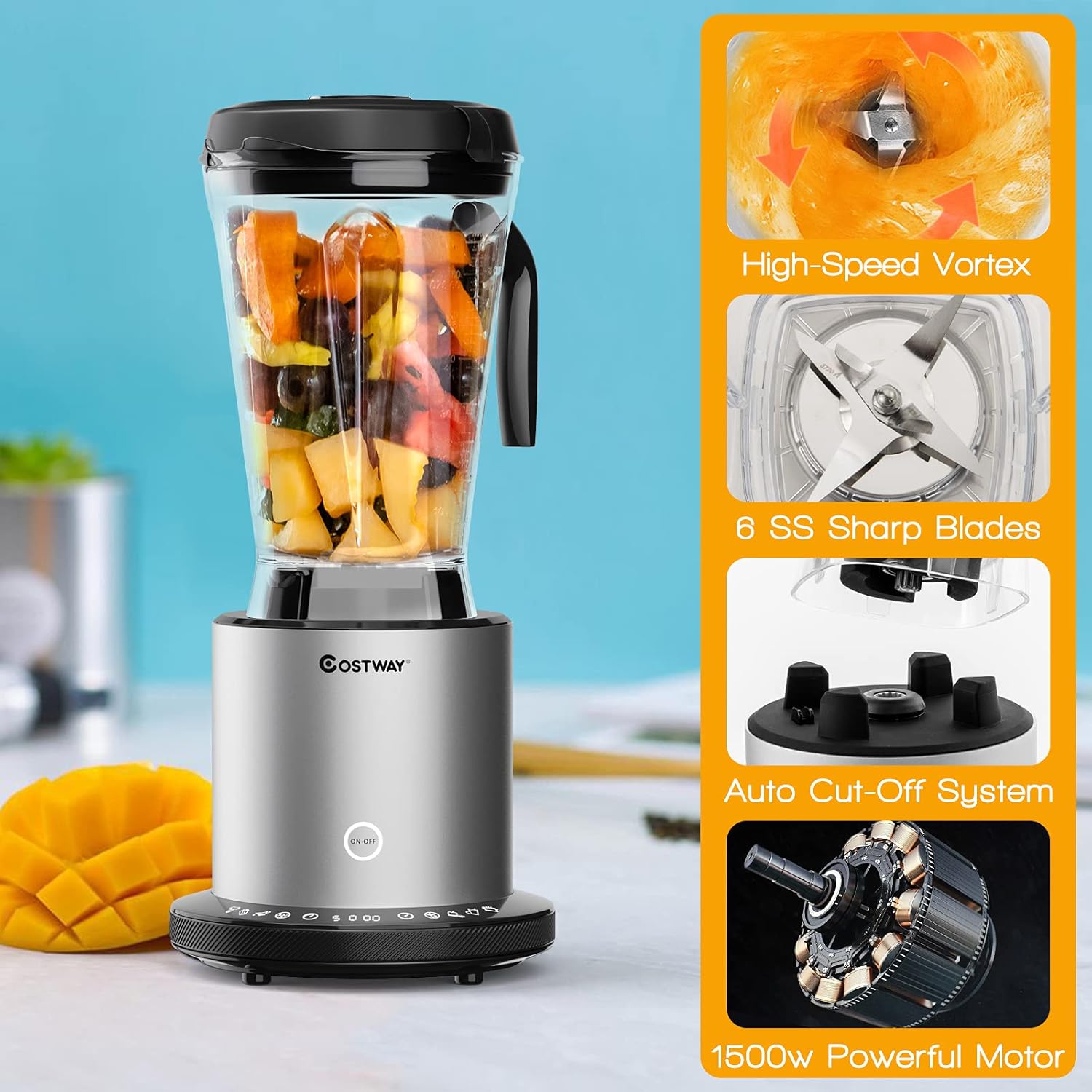 COSTWAY Professional 64oz Countertop Blender, Smoothie Maker Built-in Self-Cleaning with 10 Speed Control & 8 Pre-Set Programs, Pitcher, Crushing Blender for Smoothies, Frozen Fruit, 1500W
