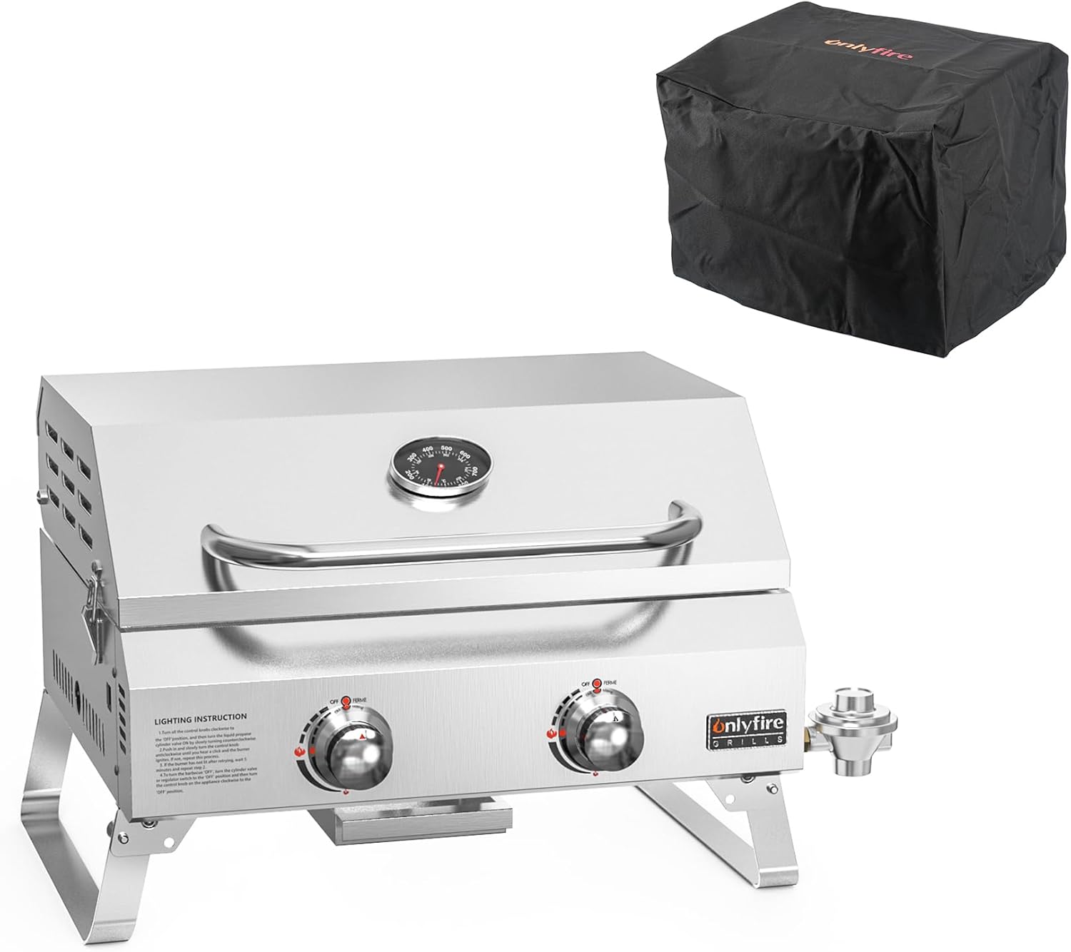 Onlyfire Tabletop Gas Grill 2 Burners and Grill Cover Bundle, 20