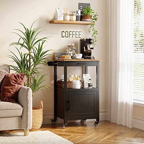 Kitchen Island on Wheels with Drawer, Storage Cabinet, Shelf and Side Hook, Rolling Kitchen Cart with Rubber Wood Countertop, Microwave Cart for Small Space, Black