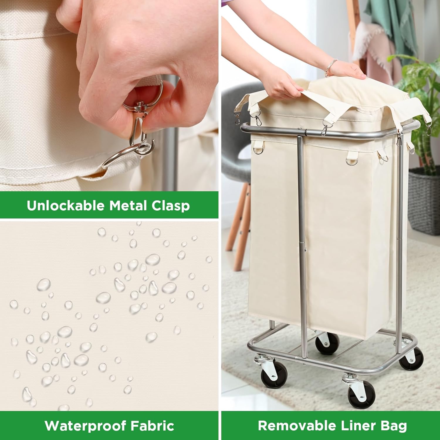 Laundry Basket with Wheels, Rolling Laundry Hamper with Removable Bag, 100L Laundry Sorter Cart, Tall Narrow Slim Clothes Hamper Organizer with Sturdy Metal Frame, Beige