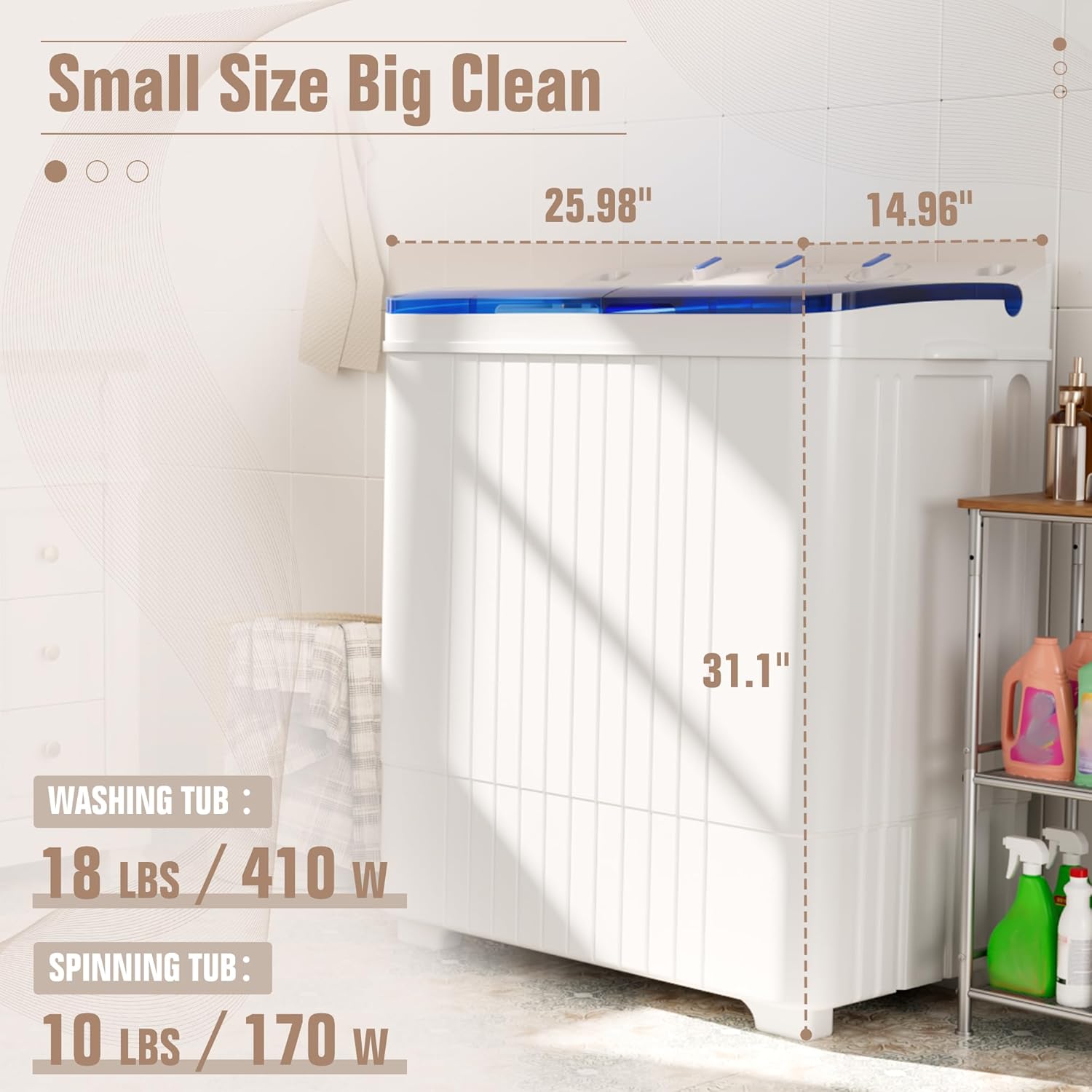 Bonusall Portable Washing Machine，28 lbs Mini Washer and Spin Dryer Combo, Built-in Gravity Drain,Compact Laundry Washer with Drain Pump & Timer Control for Apartments, Dorms, RVs- Blue