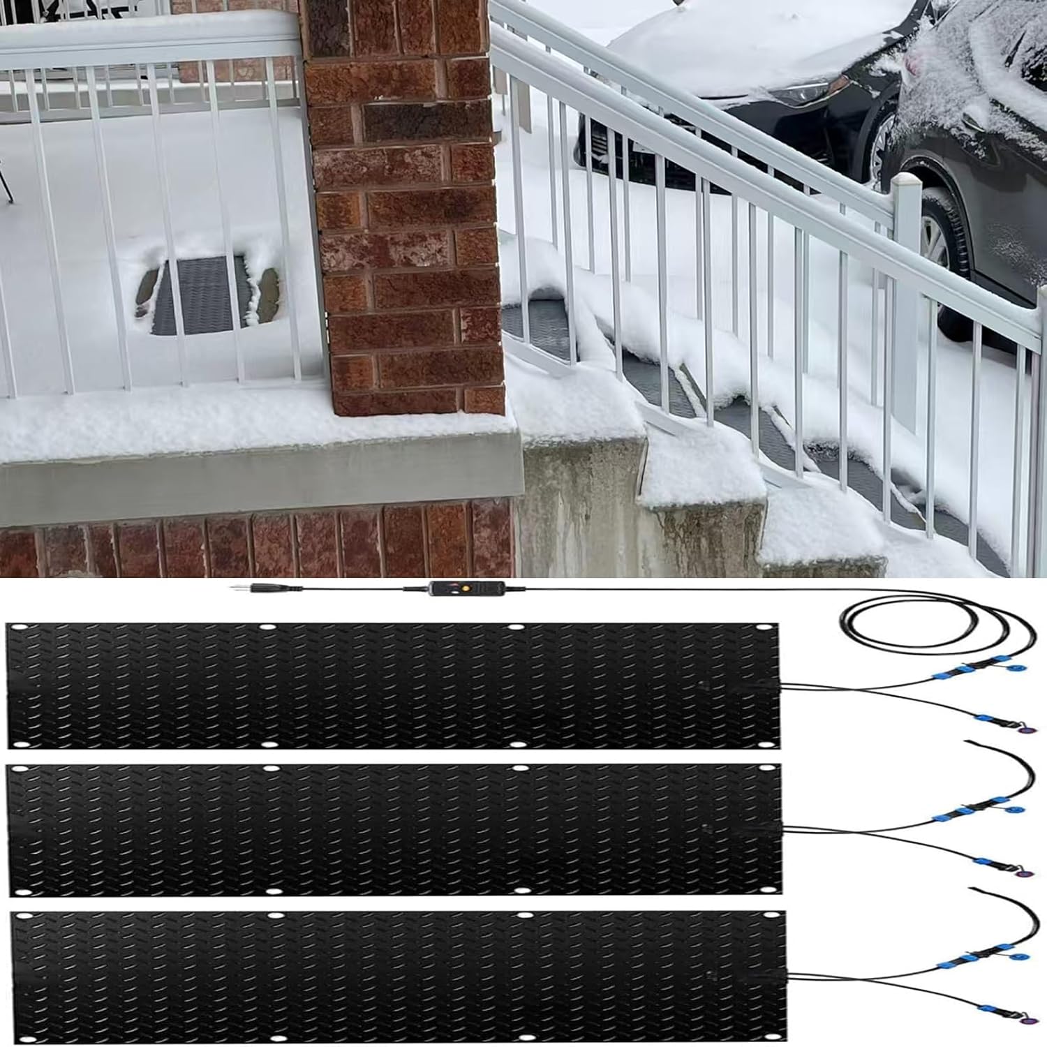 3-Piece Electric Heating Snow-Melting pad, Outdoor Anti-Slip Type, Specially Designed for doorways/Steps, -22 ℃ Waterproof de-Icing pad(10inx35.4in (25.4x90cm))