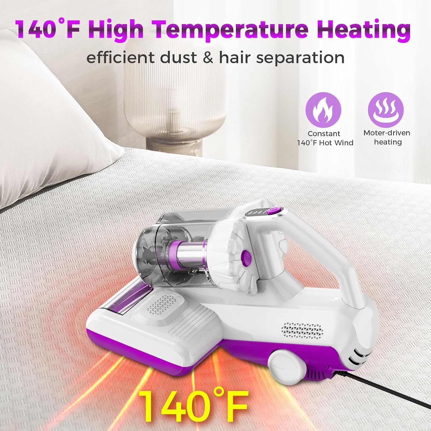 winterbear Mattress Vacuum Cleaner, 17Kpa Suction 500W High Power Handheld Roller-Type Bed Vacuum Cleaner with U-V-C Light & High Heating & Ultrasonic Tech, 2 * 30000Rpm Brush Rolls, Corded, White