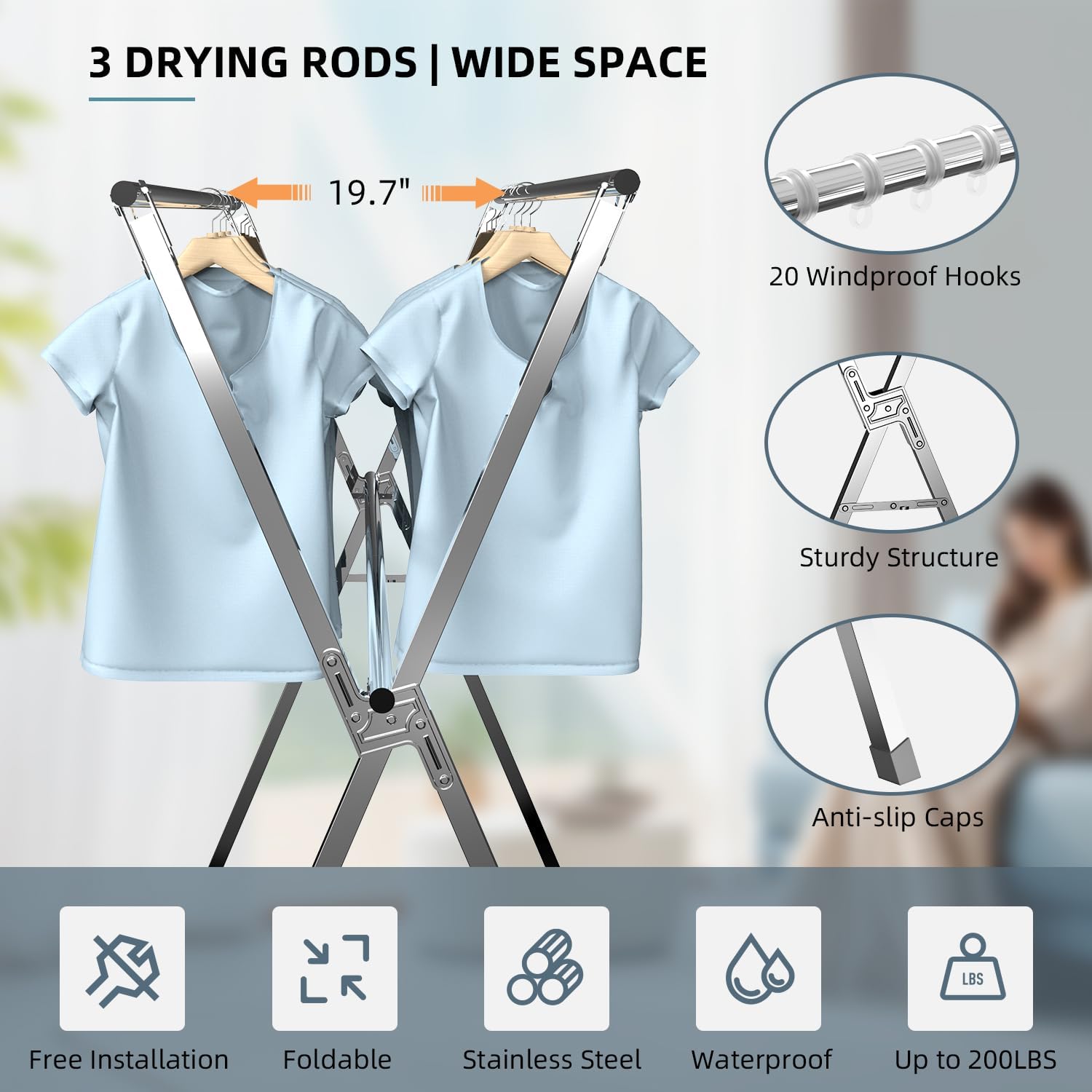 Clothes Drying Rack,Heavy Duty Stainless Steel Garment Rack,Adjustable and Foldable Laundry Drying Rack for Indoor Outdoor Drying Rack Clothing with 20 Windproof Hooks (Silver, 79