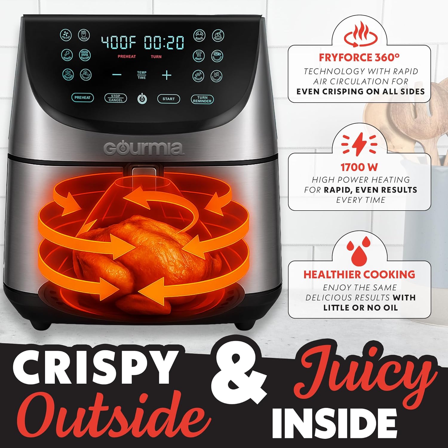 Gourmia Air Fryer - 8 Qt Extra Large Capacity, FryForce360º, Digital Display with 12 Presets, Roast, Bake, Broil, Dehydrate, Dishwasher Safe Accessories, Stainless Steel
