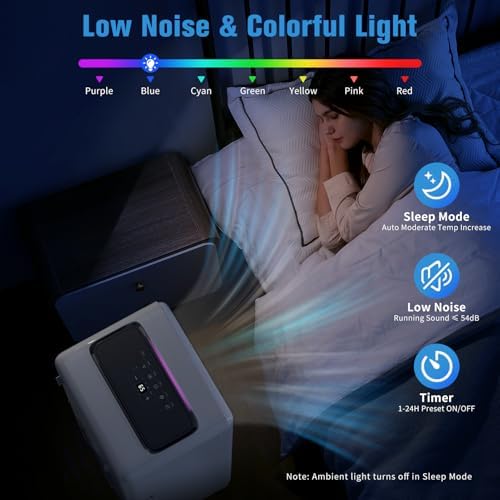 JINJUNYE Portable Air Conditioners 10,000 BTU 4-In-1 with 7 Color LED Light, Portable AC Unit Dry, Fan, Sleep Mode, Cool Up to 450 Sq.Ft, 24H Timer, Window Kit (Battery not Included)