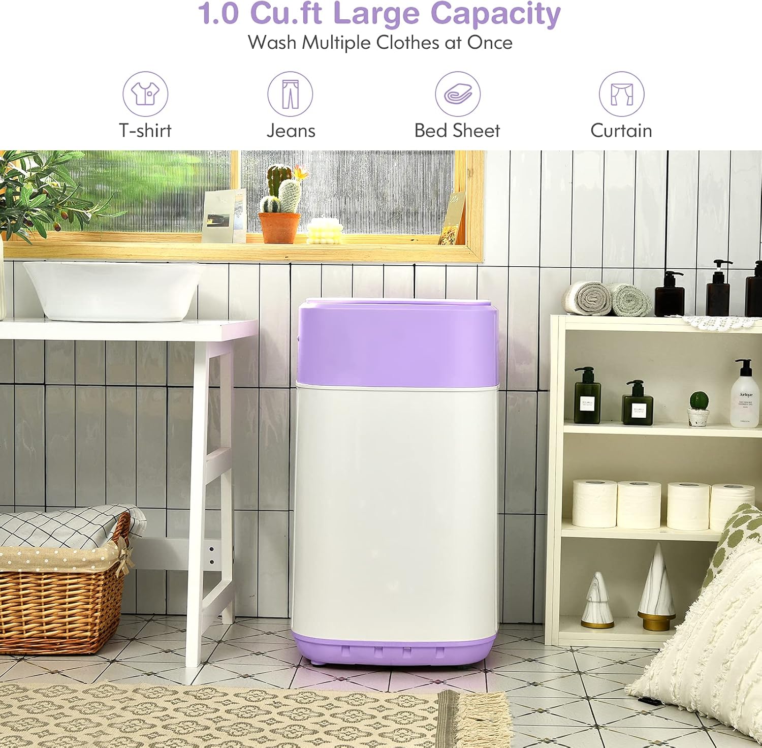 COSTWAY Portable Washing Machine, 8 Lbs Capacity, Built-in Drain Pump, Compact Laundry Washer with 6 Programs, 6 Water Levels, Child Lock, Full-Automatic washer for RV, Dorm, Apartment, Purple