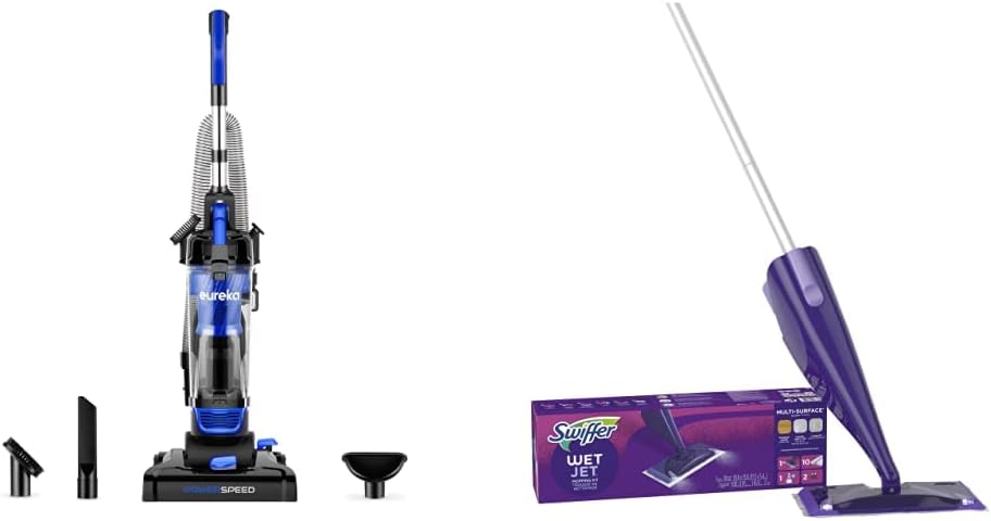 EUREKA Lightweight Powerful Upright Vacuum Cleaner & Swiffer WetJet Hardwood and Floor Spray Mop Cleaner Starter Kit, Includes: 1 Power Mop, 10 Pads, Cleaning Solution, Batteries