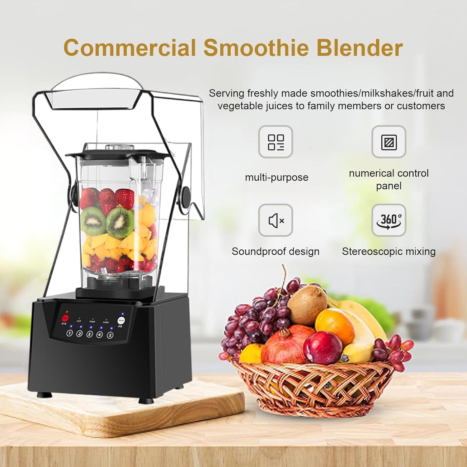 Commercial Smoothie Blender, with Soundproof Shield, 1.8 L Quiet Countertop Blender, for Fruit/Milkshake/Vegetable/Smoothie Cocktail, 17000 Rpm Professional Grade Blending, 2200 W