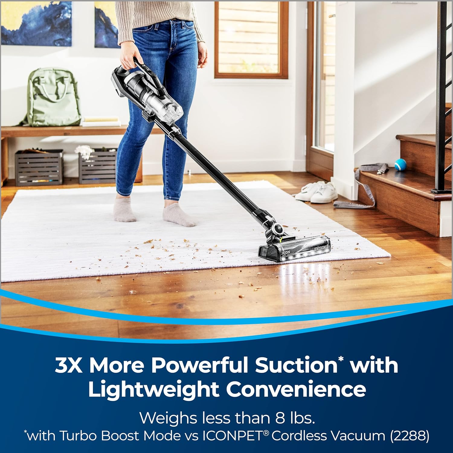 Bissell ICONPet Turbo Vacuum with Powerful Turbo Boost Suction, Tangle Free Brush Roll, & Parking Break, LED Crevice + Dusting Brush Tool, LED Motorized TurboBrush Tool, & Wall Mount. Color May Vary