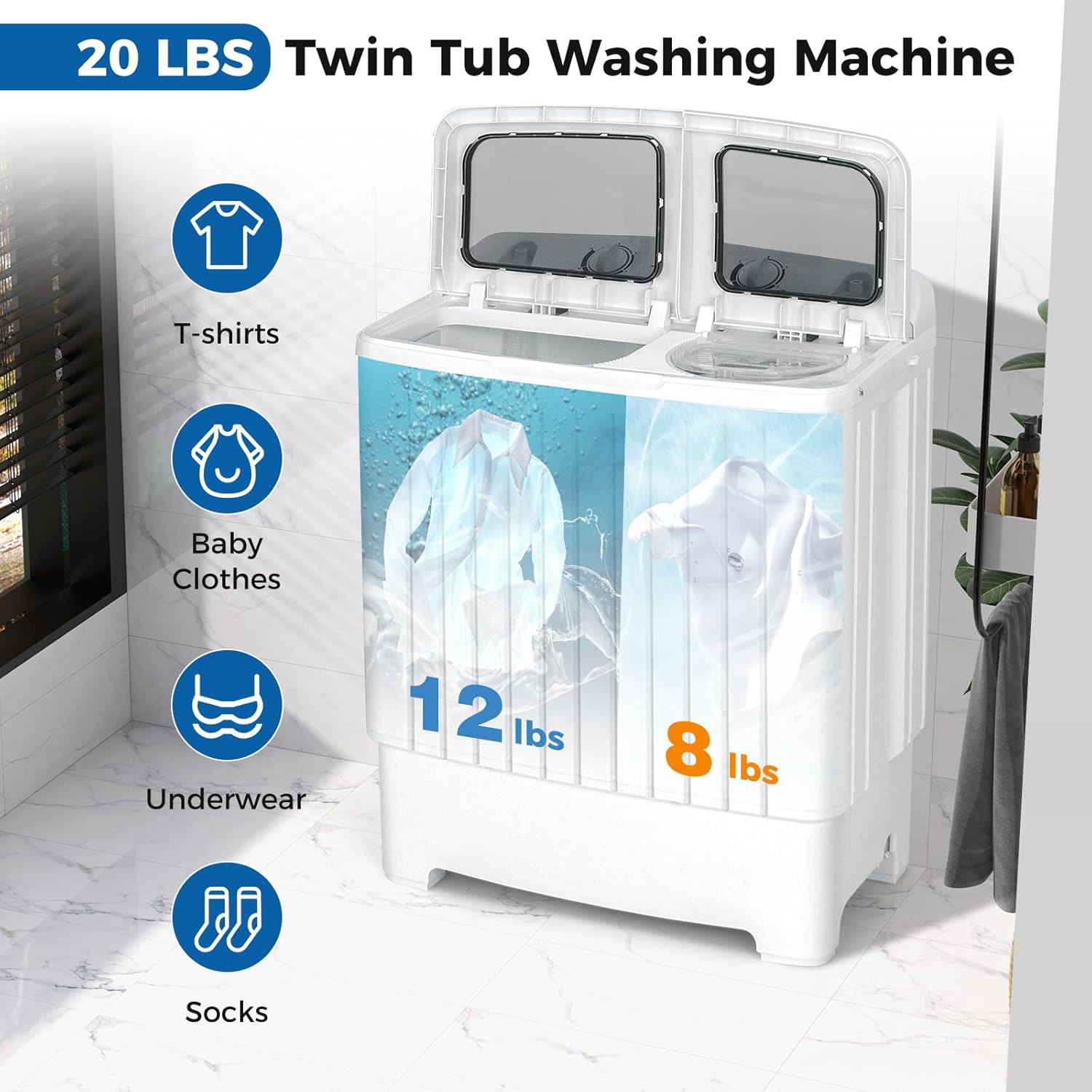 COSTWAY Portable Washing Machine, Twin Tub 20 Lbs Capacity, Compact Laundry Washer(12 Lbs) and Spinner(8 Lbs), Durable Design, Timer Control, Perfect for RV, Apartments and Dorms, Grey+White