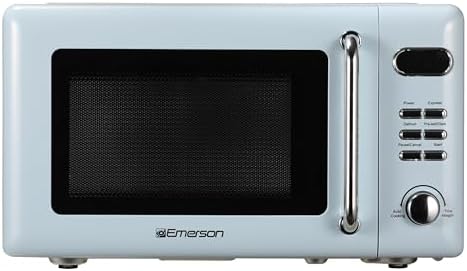 Emerson MWR7020BL Retro Compact Countertop Microwave Oven with Button Control, LED Display, 700W 5 Power Levels, 8 Auto Menus, Glass Turntable and Child Safe Lock, 0.7, Thunderbird Blue