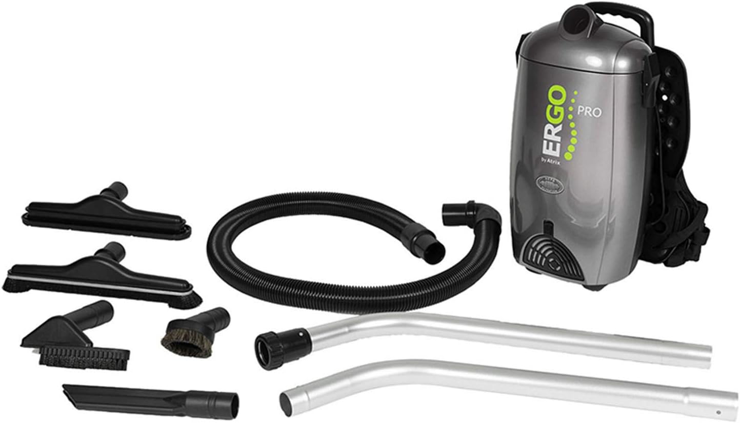 Atrix Ergo Pro Backpack Vacuum Cleaner, 8-Quart HEPA Filtration, 1400W Motor, 106 CFM Suction, Lightweight & Quiet 72 dB, Includes Hose, Wand, Carpet/Hard Floor/Upholstery/Crevice Tools