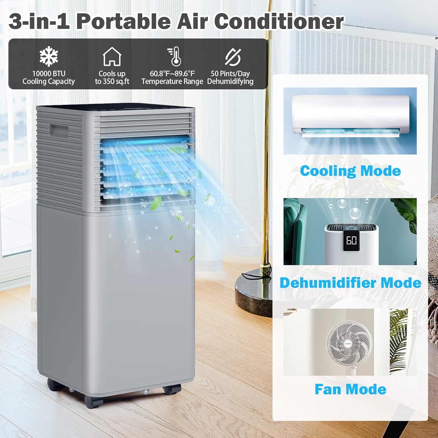 GOFLAME Portable Air Conditioner, 8000 BTU Powerful AC Unit with Remote Control and 4 Universal Casters, 3-IN-1 Air Cooler & Dehumidifier & Fan with 24H Timer for Living Room, Bedroom, Office, Grey