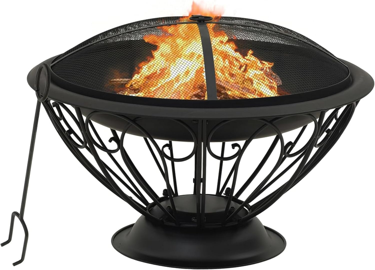 Benjara Outdoor Fire Pit with Poker and Mesh Cover, 30 Inch Black Steel Frame