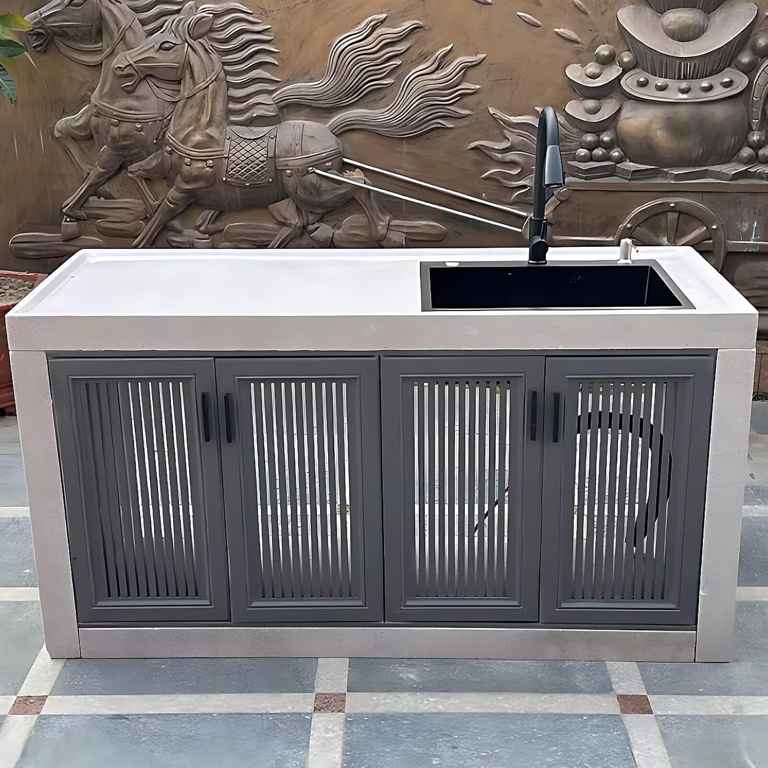 Outdoor Kitchen Cabinet with Black Hollow Stripe Design.Sink Cabinet Includes Stainless Steel Sink,Slate Countertop,Ample Storage Space for Balcony,Terrace and Garden(74.8IN)