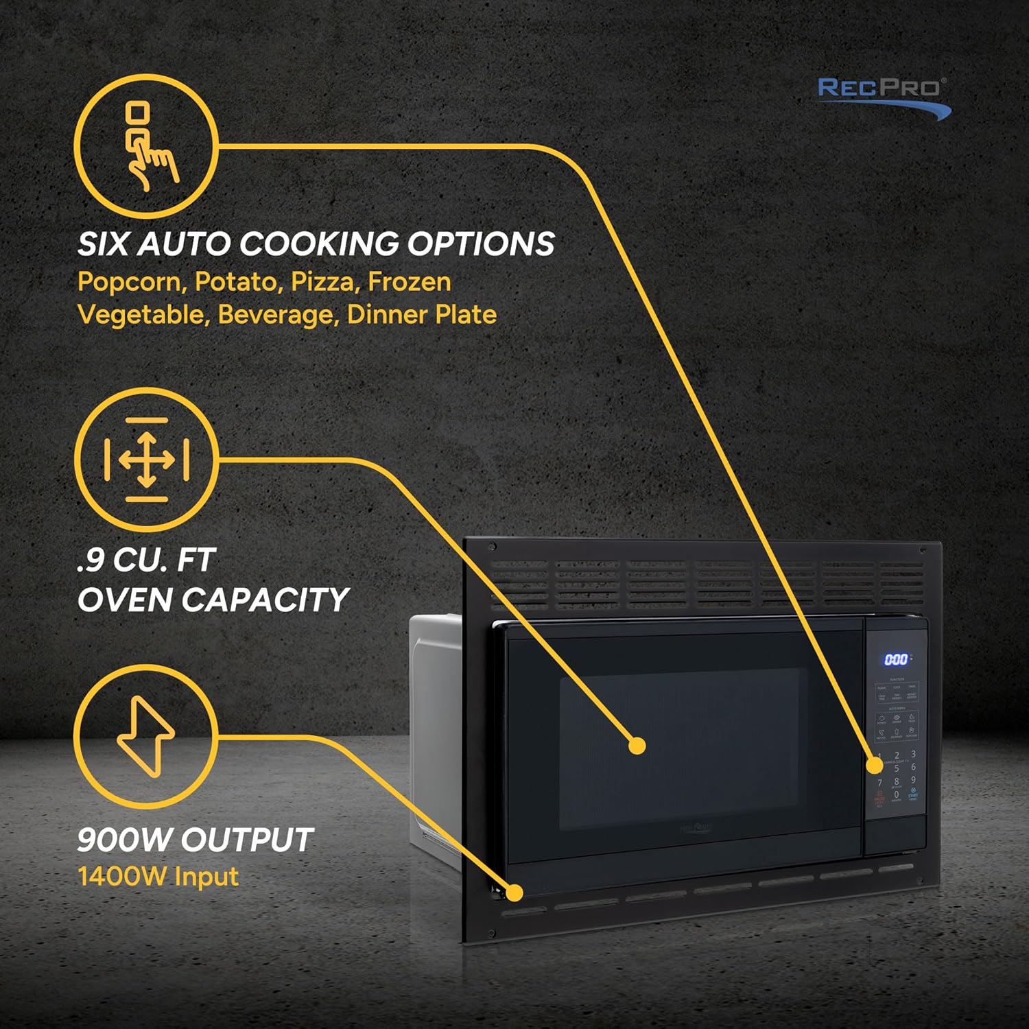 RecPro High Pointe Black Microwave | 0.9 Cu. Ft. | 6 Cook Modes | Child Lock | Touch Pad Controls | Mute Mode