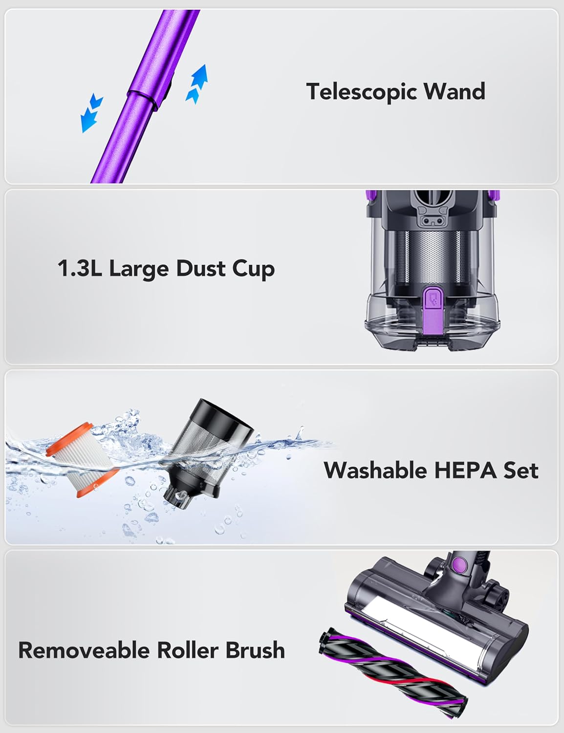 Cordless Vacuum Cleaner, Rapid Clean 23 Kpa Powerful Suction, 1.3 L Large Capacity, 2 Modes & 30Mins Runtime, Rechargeable Stick Vacuum for Pet Hair Hardwood Carpet - Purple