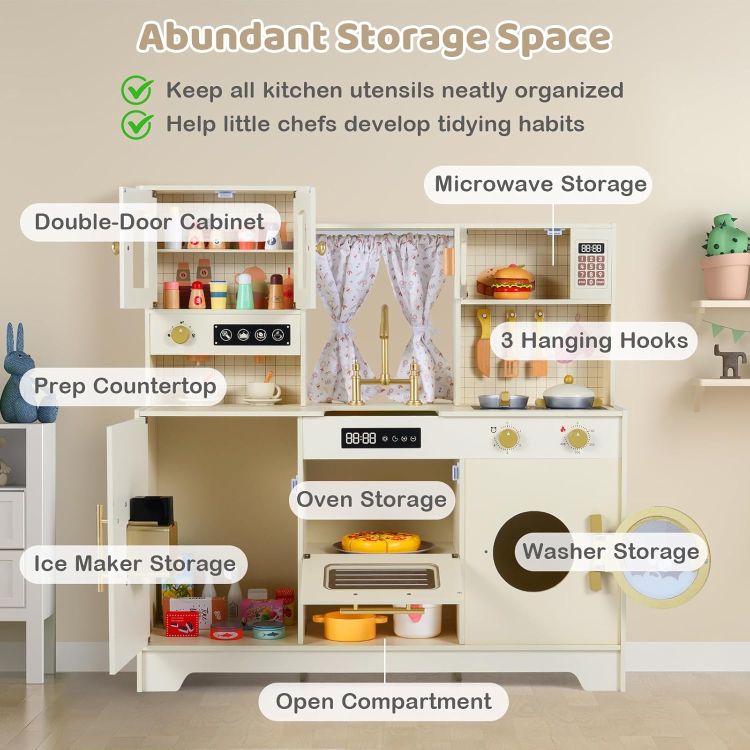 Costzon Kids Play Kitchen, Wooden Toy Kitchen Playset w/Ice Maker, Coffee Maker, Washing Machine, Curtain, Microwave & Oven, Pretend Toy Kitchen w/Storage for Boys and Girls Aged 3+